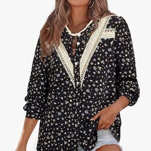 Astylish Womens 2025 Lace Crochet Patchwork Floral Shirt Long Sleeve Crew Neck